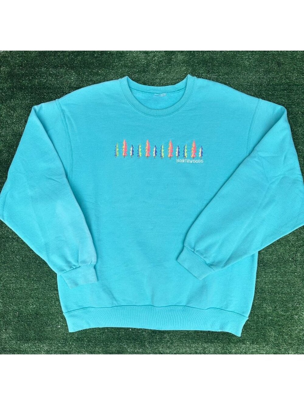 Vintage 90s Northwoods Forest Crewneck Sweatshirt Cyan Blue M Gorpcore Granola